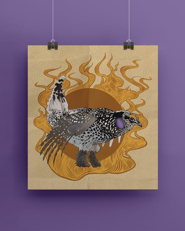 Poster mockup of an illustration of a sharp-tailed grouse.