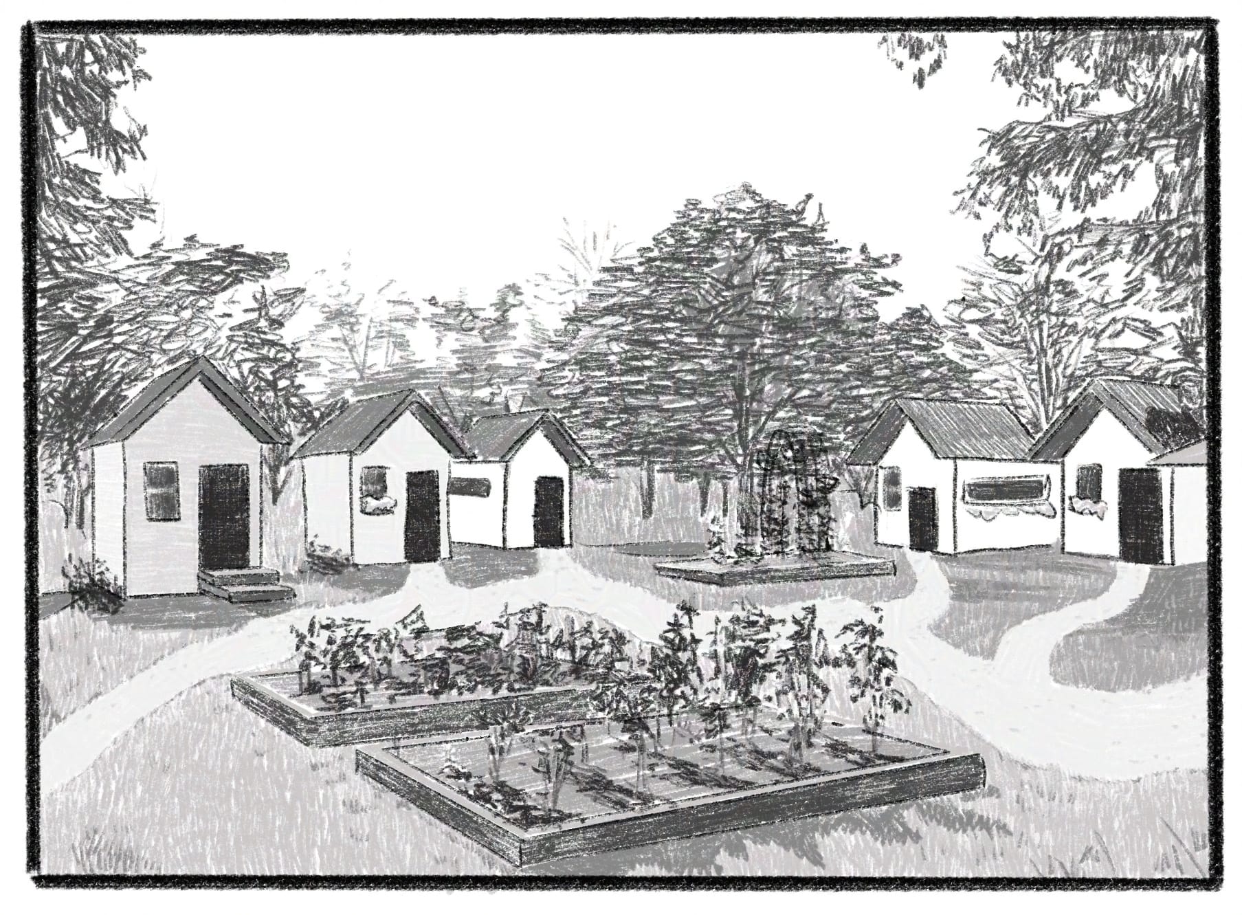 Tiny houses connected via a path with raised garden beds in the foreground and trees in the background.