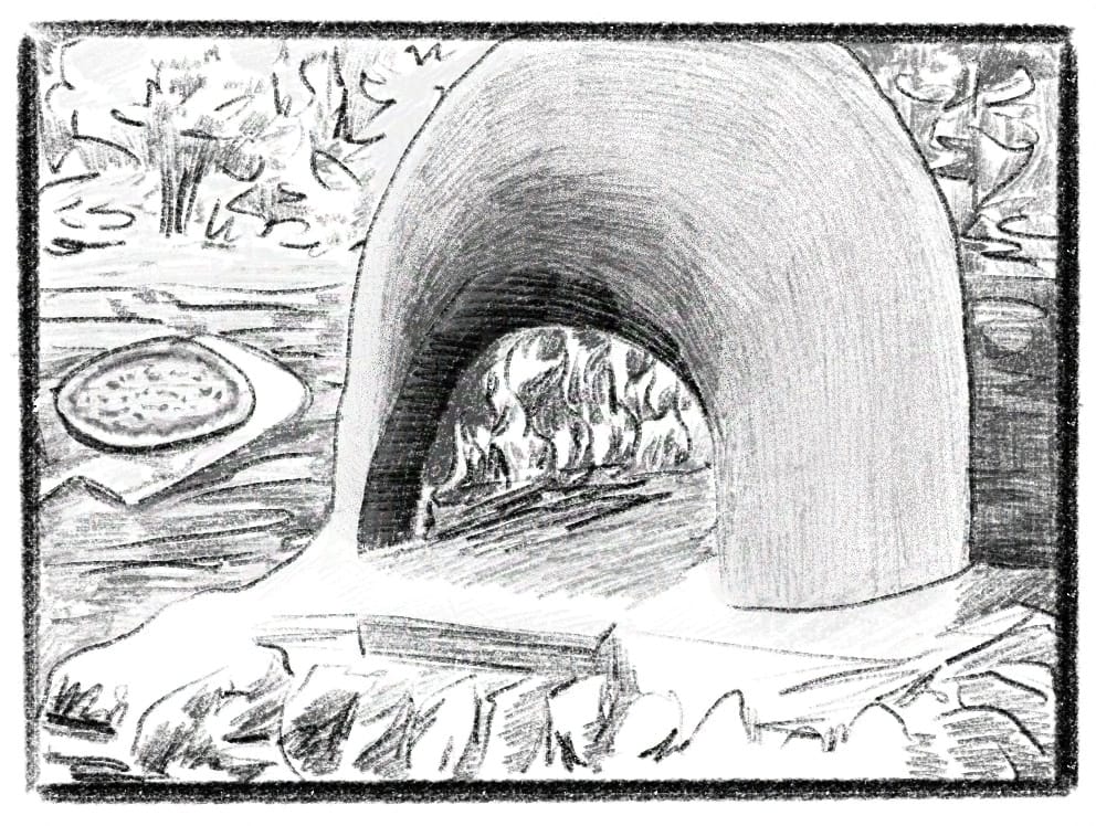 Cobb oven with a pizza on a paddle coming in from the side