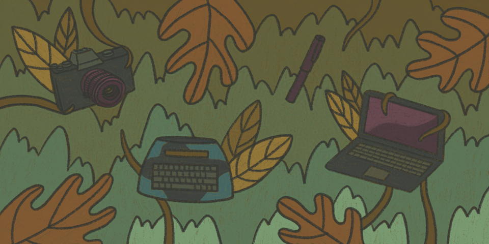 Illustration of a camera, an AlphaSmart Neo2, a pen, and a laptop being held by vines, surrounded by leaves.