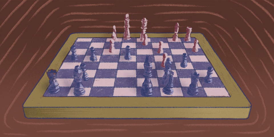 Illustration of a chess board in the middle of a game that appears to be floating in a void.