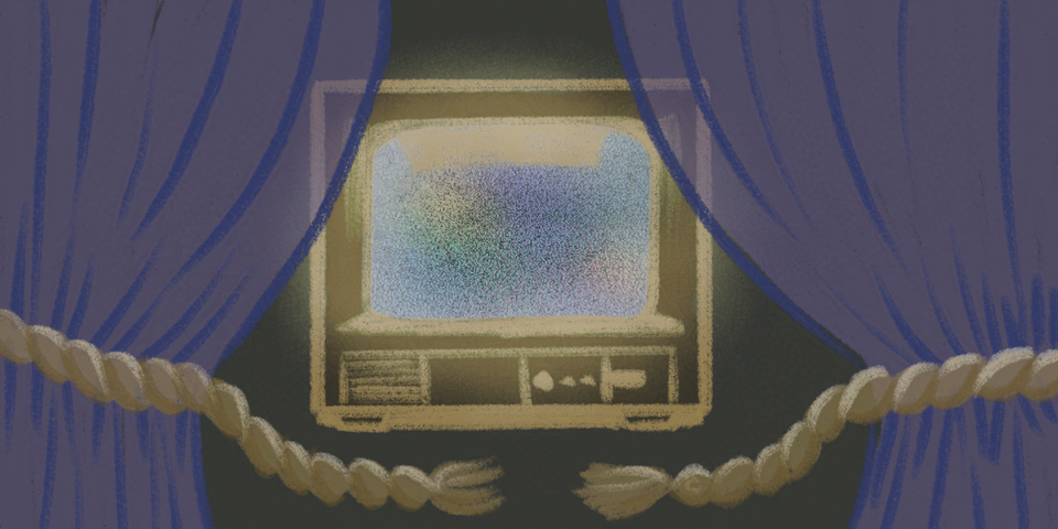 Illustration of a glowing tube TV behind purple transparent curtains with rope on either side.
